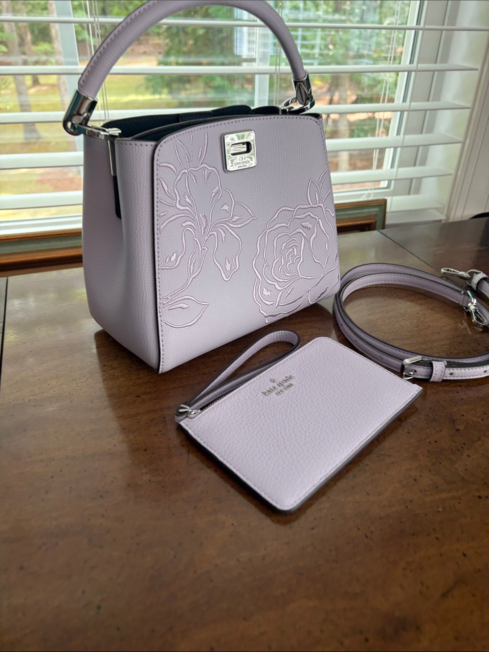kate spade Light lavender/Pink Floral Embossed Leather Satchel with Wristlet